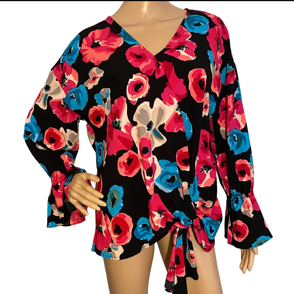 JUICY COUTURE FLORAL RUFFLE CUFF BLOUSE  SZ S